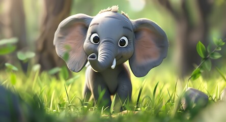 Poster - A cute cartoon elephant standing in a lush green environment, evoking a sense of joy and playfulness.