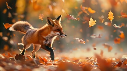 Canvas Print - A fox walking through a forest covered in autumn leaves, capturing the essence of fall.