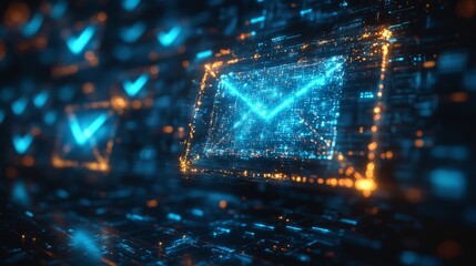 Poster - A glowing holographic interface showcases digital messages as users manage data in a futuristic environment during night hours.