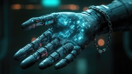 Poster - A digital hand with a chain wrapped around its wrist, symbolizing the constraints of technology.