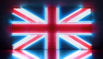 a glowing neon british flag design on a dark background. the red, white, and blue colors of the flag