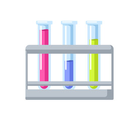 Laboratory test tubes in rack. Lab glassware for chemistry and chemical science experiment. Transparent containers with liquid reagents. Flat cartoon vector illustration isolated on white background