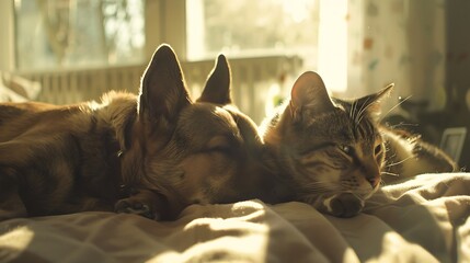 Sticker - A peaceful moment with a dog and cat resting together in soft sunlight.