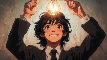 Wall Mural - A young man in a suit holds an electric light bulb above his head, appearing happy and smiling. 