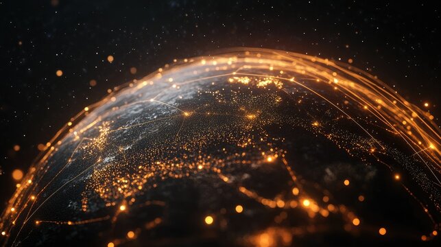 3D globe with glowing network lines, no people, open space for text