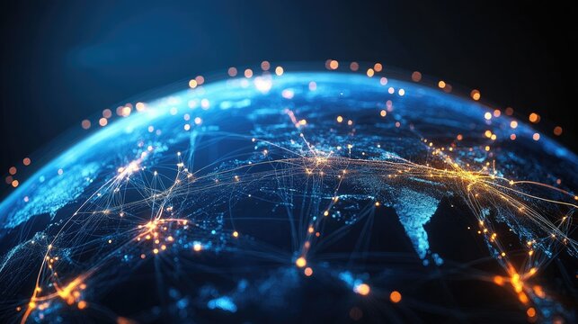 3D globe with satellite network lines, abstract design, no people, room for text