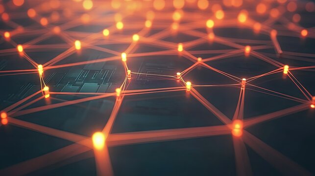 3D network nodes with connecting lines, abstract technology concept, no people, space for text