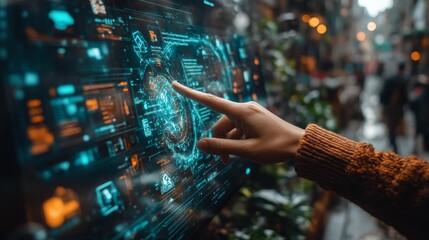 Poster - A user interacts with a futuristic holographic interface designed for effective waste management in a busy urban environment.