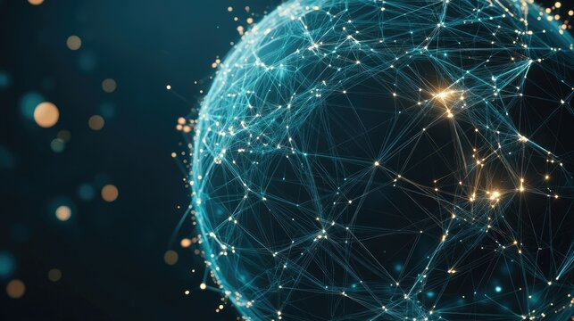 Abstract 3D globe with bright network connections, no people, ample space for text