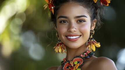 A close up shot of woman smiling, adorned with vibrant traditional jewelry and floral accessories, exuding joy and cultural beauty.