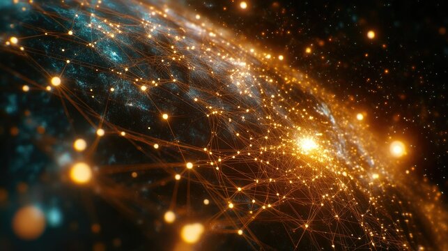 Abstract 3D world with interconnected nodes, no people, space for text