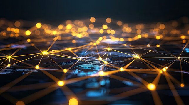 Abstract digital network with glowing lines, complex connections, room for text