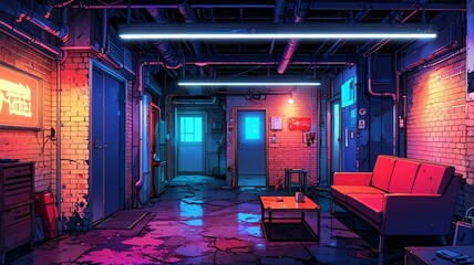 anime basement anime background retro neon theme