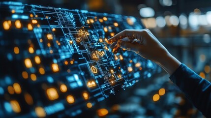 Poster - a user's hand interacts with a holographic interface displaying waste management data and analytics 