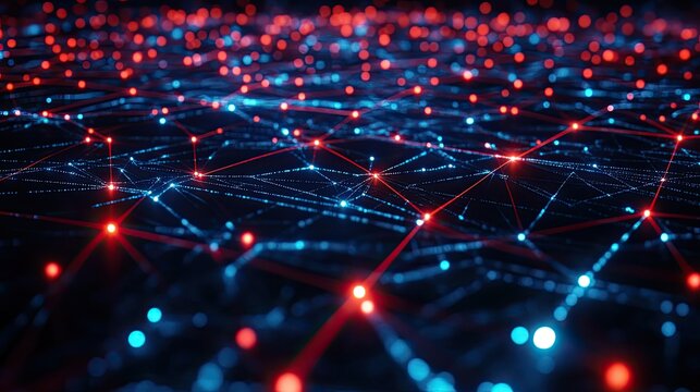 Abstract digital network with glowing lines, complex connections, room for text