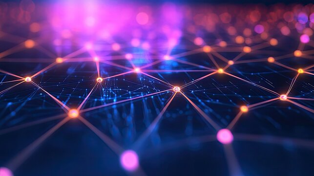 Abstract network web with digital nodes, glowing lines, ample space for text