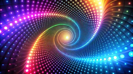 Abstract futuristic background features a mesmerizingpattern of bright LED lights, swirling vector shapes, and gradient colors, evoking innovation and modern technology.