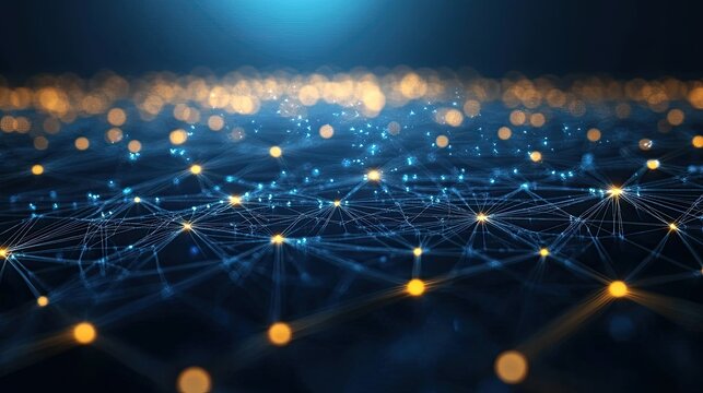 Abstract network with glowing digital nodes, clear and open, space for text