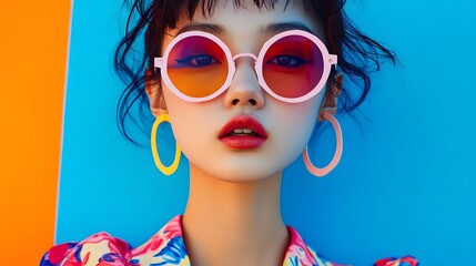 Retro Chic: A young woman radiates effortless cool in oversized round sunglasses and colorful earrings against a vibrant blue and orange backdrop. Her bold fashion statement and confident gaze exude a