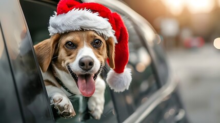 Sticker - A cheerful dog wearing a Santa hat leans out of a car window, embodying festive joy.