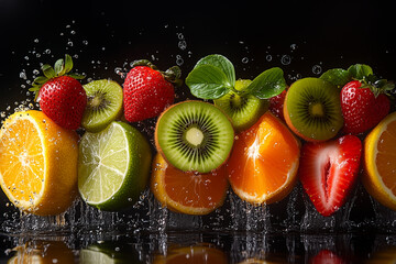 Wall Mural - Levitation mixing different of fruits oranges, kiwi, lime, strawberries, lemon isolated on background