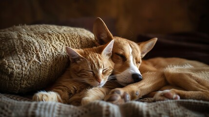 Canvas Print - A cozy scene of a cat and dog sleeping together on a soft blanket, showcasing companionship and warmth.