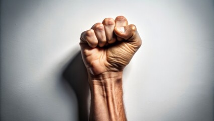 A clenched human fist rests firmly on a clean white background, conveying determination, strength, and empowerment, with subtle shadows accentuating the hand's contours.