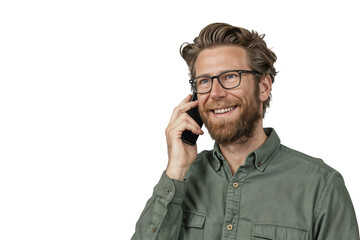 portrait of a smiling businessman talking on the phone, isolated on transparent background, cut out