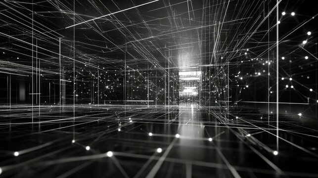 Complex network in 3D space, digital nodes and lines, no people, room for text