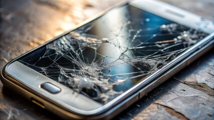 A close-up shot of a worn-out smartphone screen with numerous scratches and scuffs, revealing a blurred digital interface beneath the damaged surface.