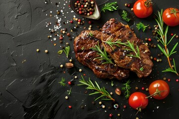 Wall Mural - Savory beef steak with herbs on dark background