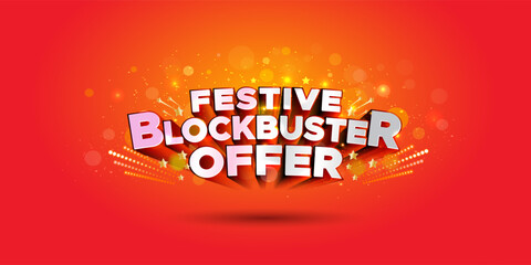 Sticker - Vector Logo design for Festive Blockbuster Sale on lantern lights and red background. Promotional offer deal discount concept.