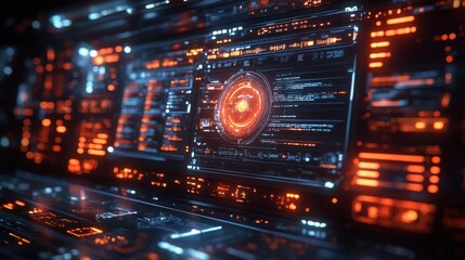 Poster - A high-tech holographic interface displays data and controls for moderating online activities, glowing with vibrant colors.