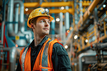 Poster - A man in a yellow helmet and orange vest stands in front of a yellow pipe