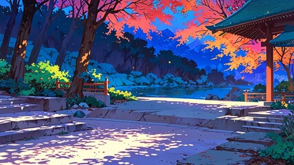 Poster - anime zen garden anime background retro neon theme