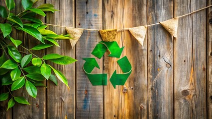 A colorful, curved banner with a recycling symbol and green leaves, promoting eco-friendliness and sustainability, hanging from a natural background of reclaimed wood.