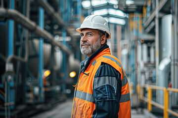 Wall Mural - A man in a safety vest stands in a large industrial building