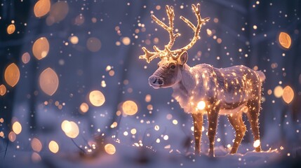 A magical reindeer adorned with glowing lights in a snowy forest, creating a whimsical winter atmosphere.