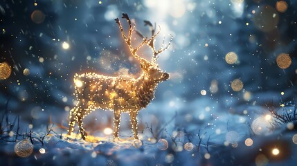 Wall Mural - A glowing deer surrounded by a snowy landscape, illuminated by soft lights and falling snowflakes.