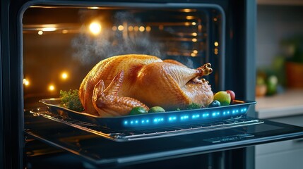 Wall Mural - A close-up of a turkey being basted in the oven, golden skin glistening under the heat