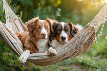 Two adorable dogs lounging in a hammock outdoors a Nova Scotia Retriever and Australian Shepherd