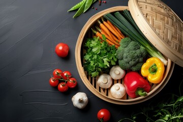 Vegetables steamed in bamboo on dark surface top view