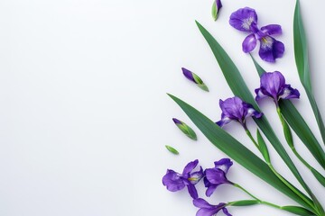 Wall Mural - Violet irises on white background with space for text Perfect for holiday greetings