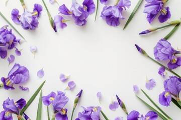 Wall Mural - Violet irises on white background with text space top view for holiday greeting cards Valentine s Day Woman s Day Mother s Day Easter