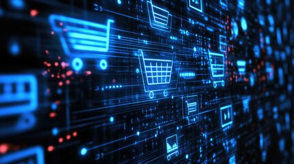E-commerce symbols on a virtual interface no people clean space for copy