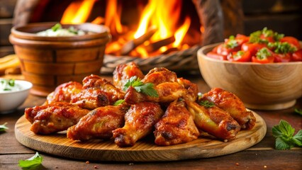 Wall Mural - A delectable arrangement of savory buffalo-style chicken wings against a warm, inviting background featuring a blurred-out pizza, evoking feelings of comfort and indulgence.