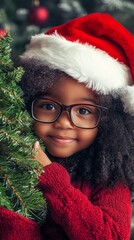 Wall Mural - Festive holiday portrait of a young child wearing a Santa hat and glasses, peeking from behind a Christmas tree with a joyful smile and curly hair.