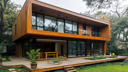 Wall Mural - Modern Wooden House with Large Windows and a Deck