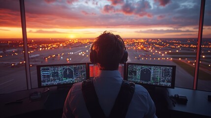 Poster - an air traffic controller utilizes a holographic interface to monitor air quality while observing a 