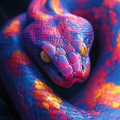 Abstract animal viper snake with colorful paint on skin and scales, bright colors